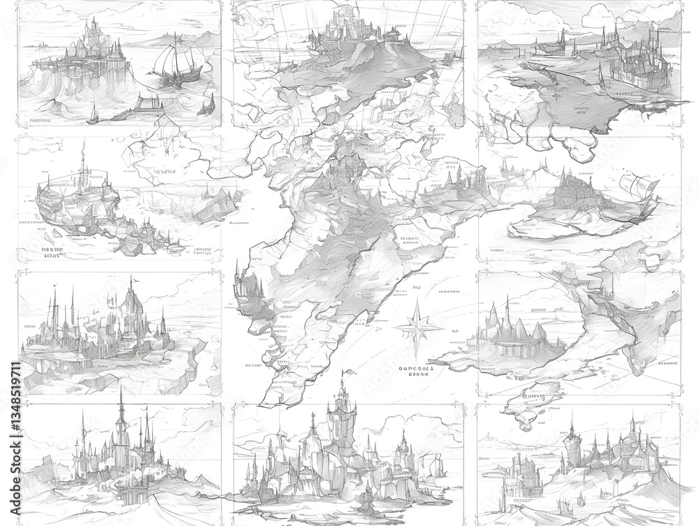 Fototapeta premium Pencil sketch of a fantasy world map with nine uniquely connected continents, characterized by varied terrain and a mysterious atmosphere
