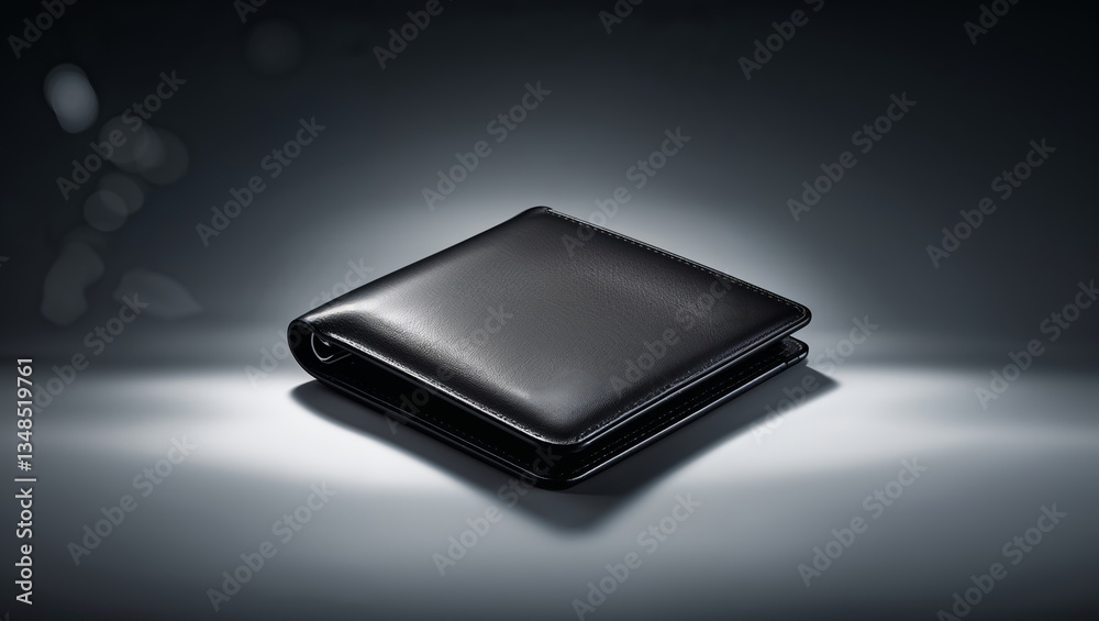 Elegant black leather wallet resting on a dark surface illuminated by soft light for a stylish presentation Elegant black leather wallet resting on a dark surface illuminated by soft light for a stylish presentation