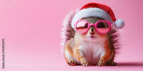 Cool Santa Squirrel with Sunglasses and Santa Hat on Pink Background for Merry Christmas Holiday Greeting Card
