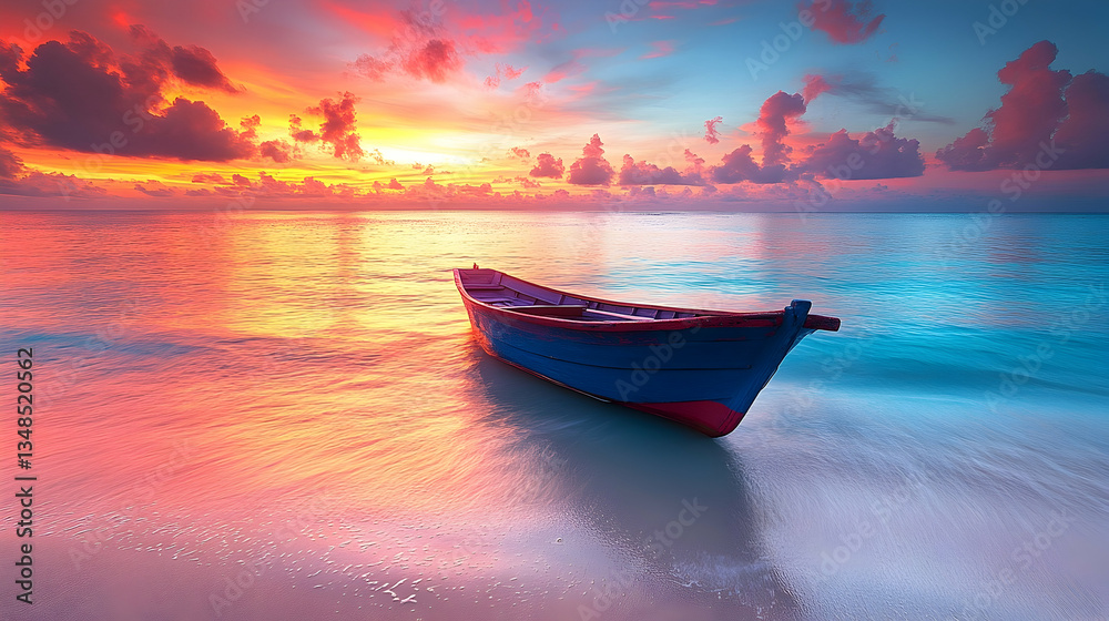 Peaceful sunset over tranquil ocean with small boat Peaceful sunset over tranquil ocean with small boat