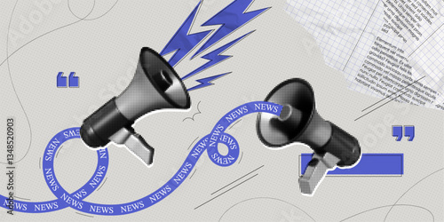 Trendy Halftone Collage Megaphones with news. Social media propaganda and information. Loudspeaker with attention message. Public event. Paper elements. Contemporary vector illustration art