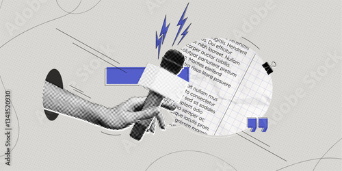 Trendy Halftone Collage Online Broadcasting concept. Hand with Microphone and Speech bubble message. Audio recording of interview. Talking in podcast. Contemporary vector art illustration