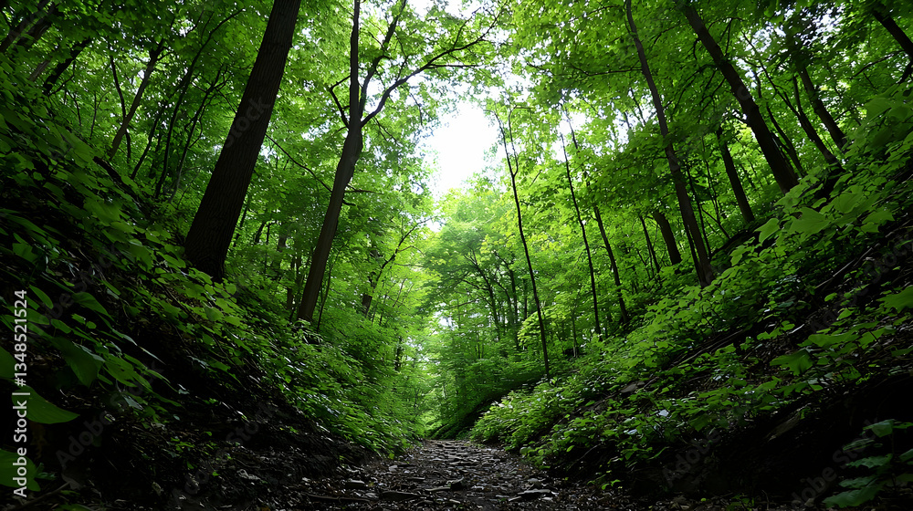 Fototapeta premium Upward View Through Lush Green Forest Canopy With Sunlight Filtering Through Leaves Creating Bright Scene