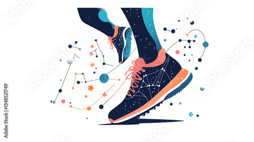 Abstract Vector Design: Starry Sky Runner in Sneakers Exploring Space Concept for Sports and Fitness Enthusiasts with Celestial Elements