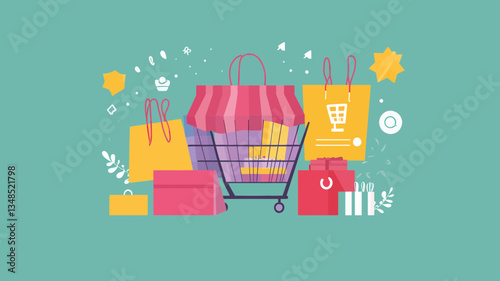 Colorful Online Shopping Concept - Flat Design Vector Illustration Highlighting E-Commerce and Digital Shopping with Shopping Cart, Bags, and Gifts - Ideal for Website Templates, Banners, and Headers