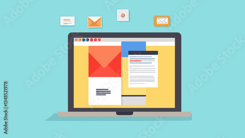 Flat Design Concept of HTML Email Marketing on Laptop Screen for Digital Communication Vector Illustration with Envelope Icons