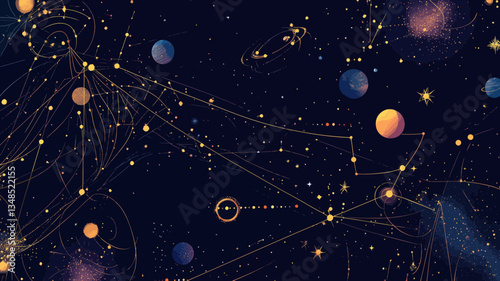 Starry Space Growth Chart with Planets and Wireframe Constellations Vector Illustration