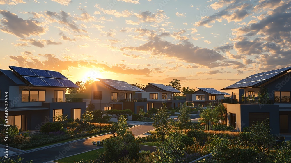 Modern homes with solar panels at sunset. Modern homes with solar panels at sunset.