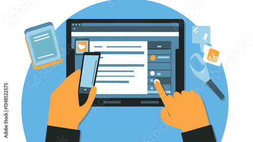 Digital Microblogging and Social Interaction Through Mobile and Tablet Devices - Flat Design Vector for Social Media Engagement, Communication, and Modern Technology Utilization