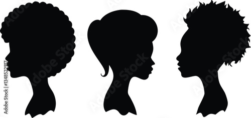 African American Women Silhouettes, Various Hairstyles, Profile Heads, Black And White
