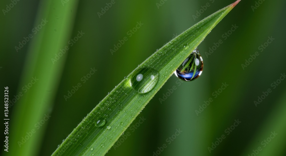 Close-up of dew droplets on green grass blades in a serene garden setting Close-up of dew droplets on green grass blades in a serene garden setting