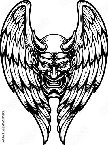Oni Tengu and Yokai legendary Japanese demons in SVG and vector format.Winged Demon Face With Fierce Expression and Detailed Features