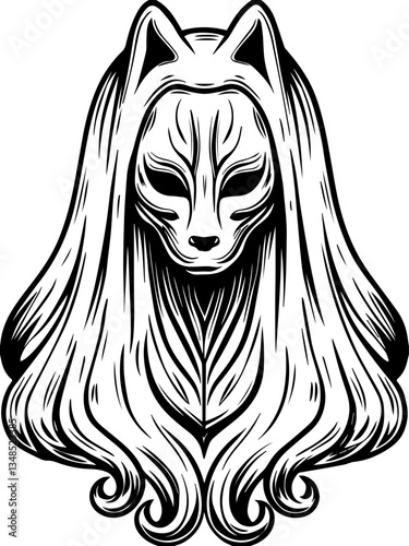 Oni Tengu and Yokai legendary Japanese demons in SVG and vector format.Intricate Black and White Illustration of a Fox-Like Creature