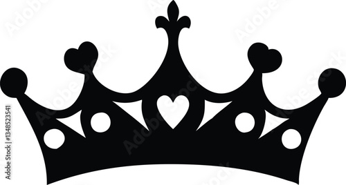 Black Crown Silhouette with Hearts, Circles, Triangles Isolated on White Background