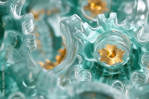 crystallike mechanical gears in motion rendered in translucent teal glass with golden light streaming through intricate patterns