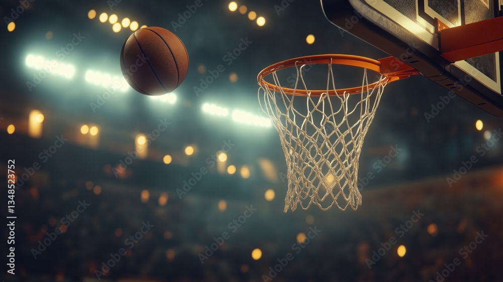 Basketball in motion heading toward hoop in dynamic stadium lighting Basketball in motion heading toward hoop in dynamic stadium lighting
