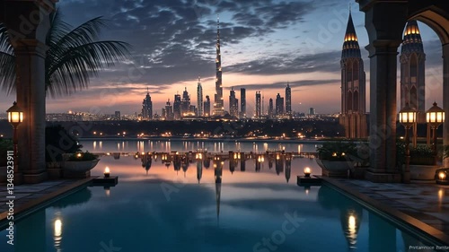 Serene view of Dubai skyline at dusk from a luxurious waterfront villa and pool