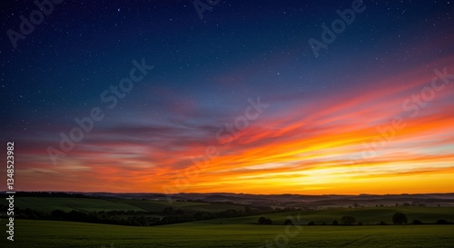 Vibrant sunset over rolling hills with a starry sky and serene landscape