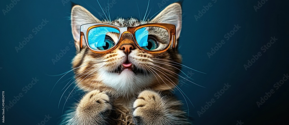 Cute Tabby Cat with Blue Glasses in Comical Portrait Against Bright Background Cute Tabby Cat with Blue Glasses in Comical Portrait Against Bright Background