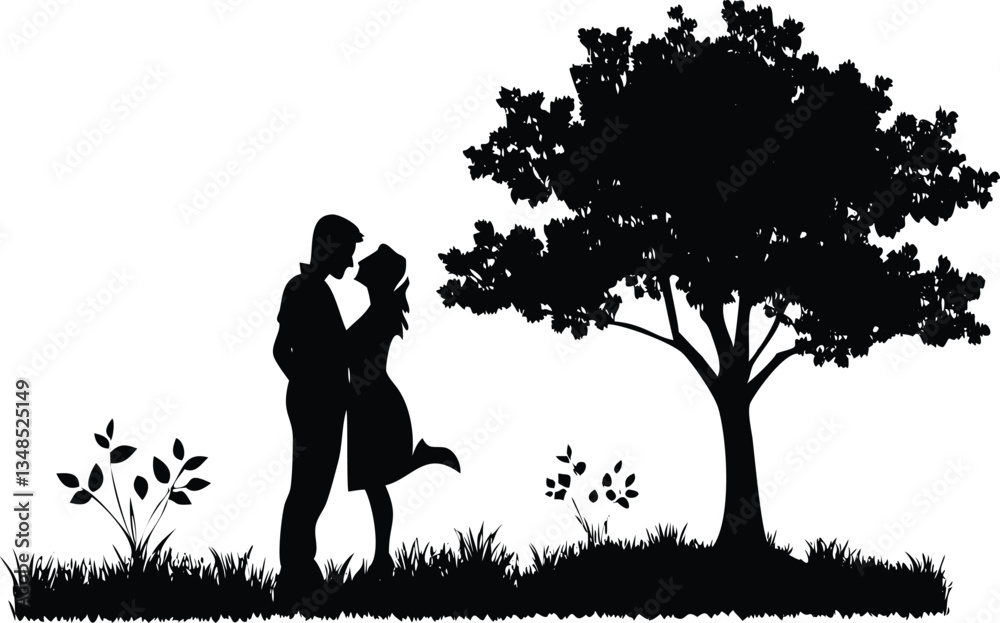 Black Silhouette of Couple Embracing Under Tree, Nature with Grass & Bush Art Black Silhouette of Couple Embracing Under Tree, Nature with Grass & Bush Art