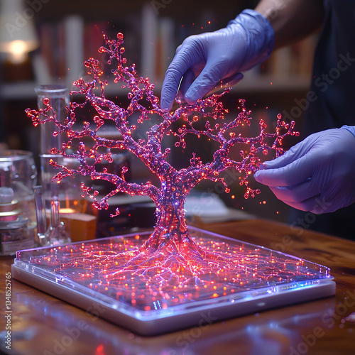 A futuristic interface displays a complex network resembling a biological system. Potential application: visualizing disease spread or biological data analysis.