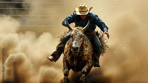 A cowboy grips tightly as he rides a bucking bull, both suspended in dust. Energy and determination fill the air during this thrilling rodeo competition under a glowing sunset.