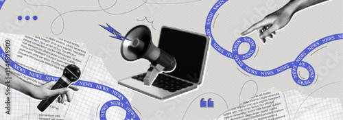 Trendy Halftone Collage with Megaphone, Laptop and Hands. Social media news and propaganda. Loudspeaker and microphone. Pop art design. Journalism and interview. Contemporary vector illustration art