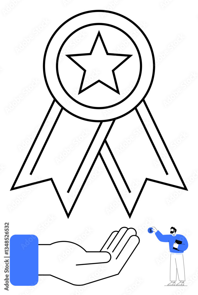 Star badge with ribbons, open hand symbolizing support, and professional figure conveying achievement. Ideal for success, recognition, motivation, teamwork, reward, career growth flat simple Star badge with ribbons, open hand symbolizing support, and professional figure conveying achievement. Ideal for success, recognition, motivation, teamwork, reward, career growth flat simple
