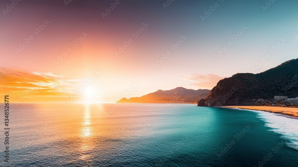 Naklejka premium Stunning Sunset Over Ocean Beach Mountains Golden Hour Panorama