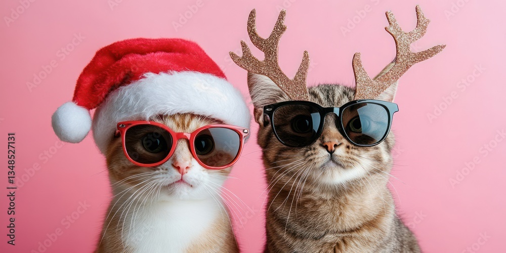 Obraz premium Cool Cats in Sunglasses with Santa Hat and Antlers on Pink Background for Christmas Holiday Greeting Card