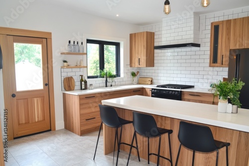 A modern kitchen features wooden cabinets and a breakfast bar