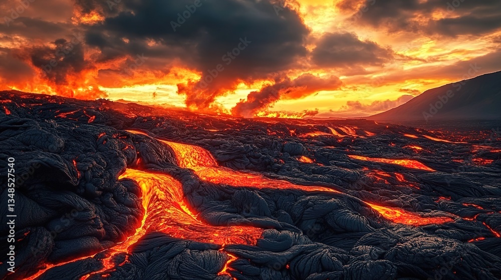 A volcanic eruption scene with molten lava flowing over black volcanic rock, the crater emitting thick smoke and flames, an orange and gray cloudy sky A volcanic eruption scene with molten lava flowing over black volcanic rock, the crater emitting thick smoke and flames, an orange and gray cloudy sky