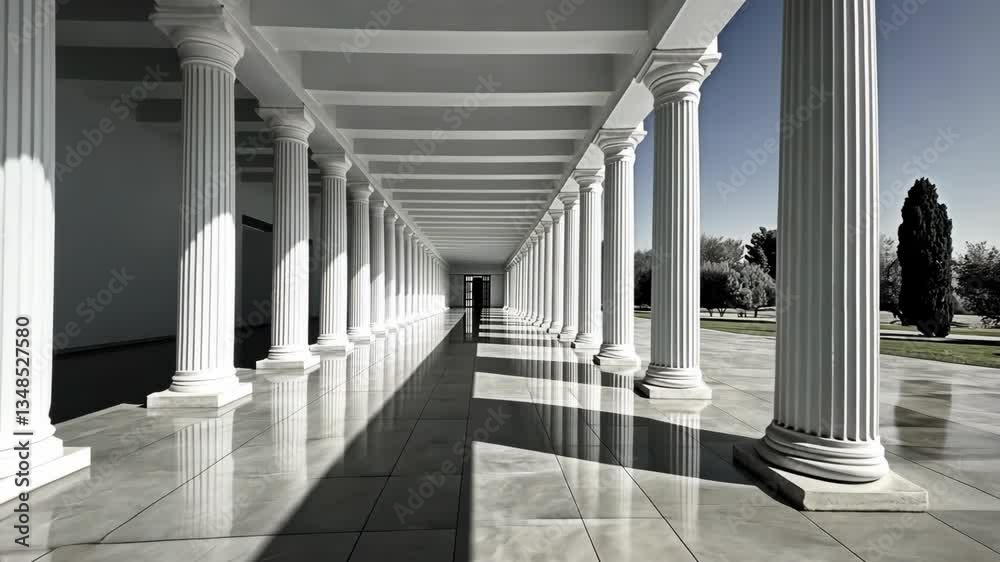 View of a grand colonnade in a classical architectural setting during midday showcasing light and shadow