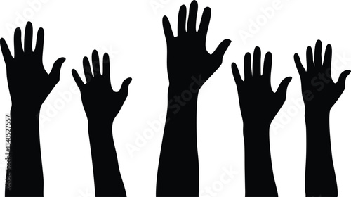 Diverse Hands Raised Silhouettes Community, Support, Togetherness, Unity,Black,White