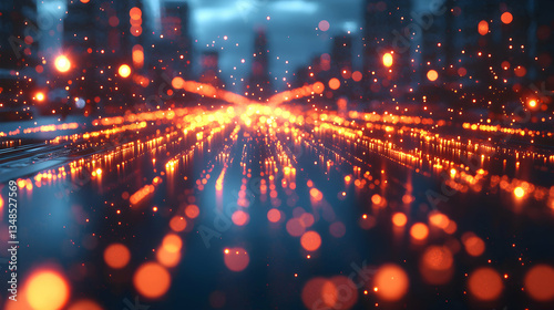 Abstract orange and blue bokeh lights streak across a dark background. Ideal for digital art website backgrounds or tech presentations.