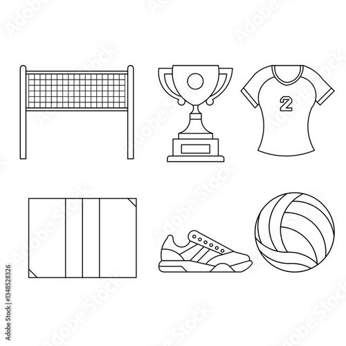 A set of outline-style volleyball icons featuring a net, ball, court, trophy, shoes, and jersey. Perfect for sports designs and infographics

