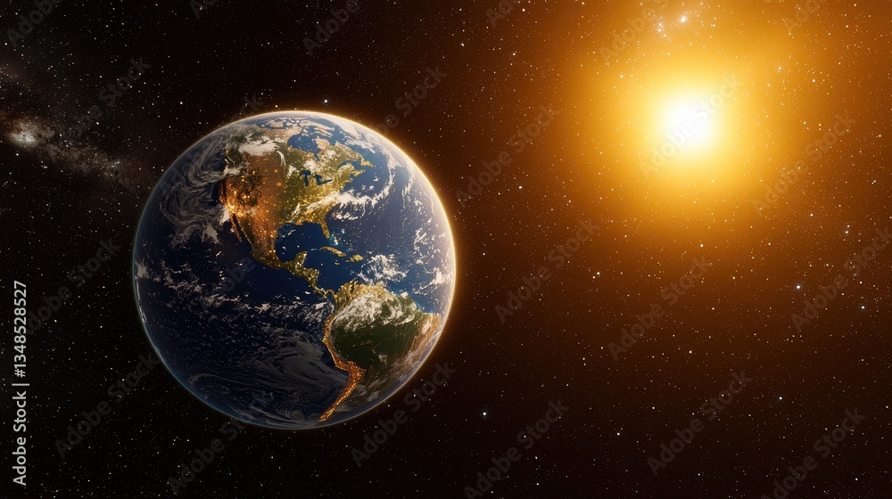 Obraz premium Beautiful View of Earth from Space with Glowing Sun in a Starry Night Sky