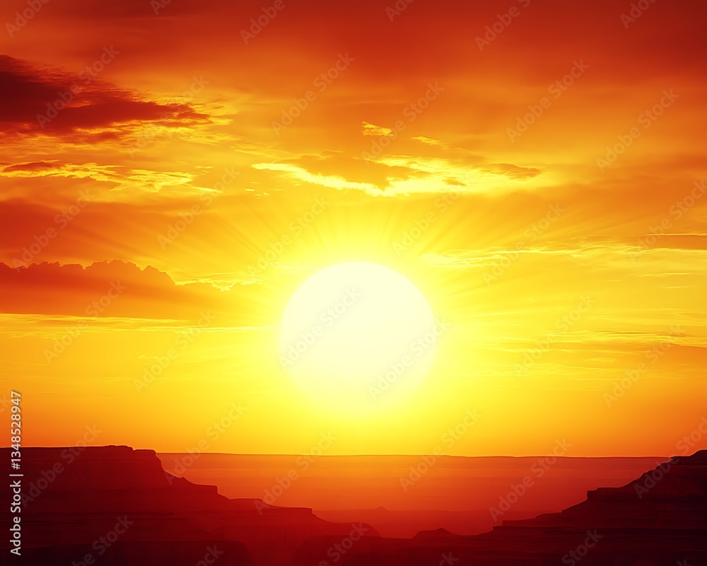 Fototapeta premium A majestic sun shines brightly over a distant canyon landscape
