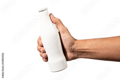 Male hand holding a white beer or soda bottle mockup isolated no background