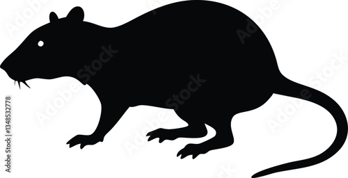 Rat Silhouette Black on White. Rodent Full Body Profile with Long Tail, Whiskers