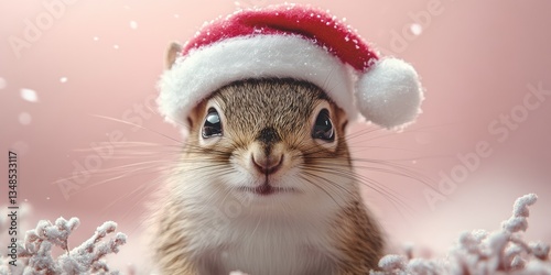 Cute Squirrel in Santa Hat on Pink Background for Merry Christmas Holiday Greeting Card