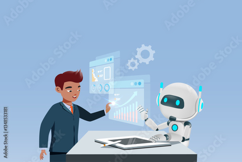 AI robot assist businessman analyzing business data graph chart and report. AI innovation technology as smart assistant in business data analysis to develop smart solution. Vector.