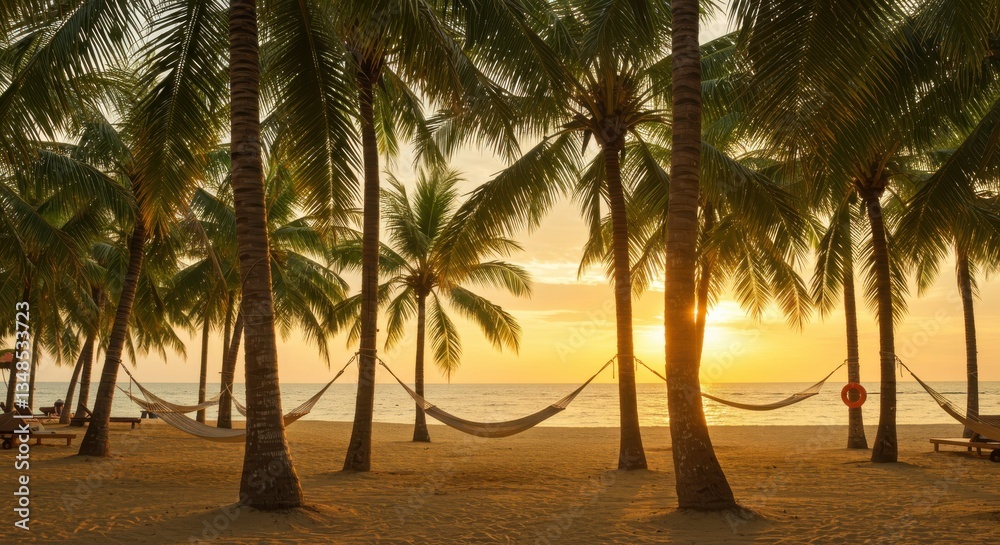 Obraz premium Tranquil beach scene with hammocks under palm trees at sunset, serene atmosphere