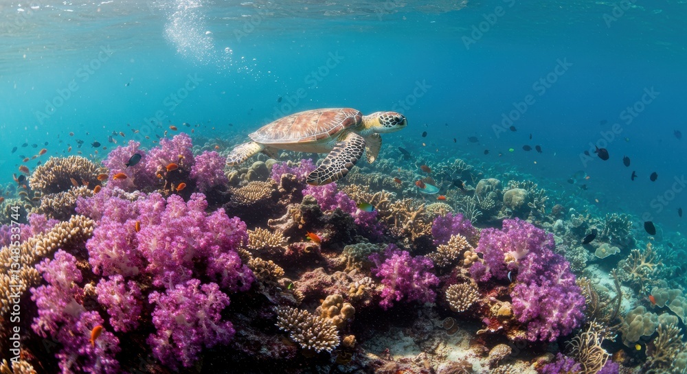 Fototapeta premium Sea turtle swimming gracefully over vibrant coral reef teeming with life