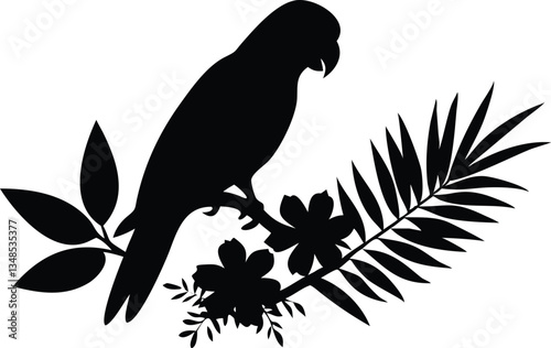 Silhouette of a Cockatoo Bird on Branch with Flowers and Palm Leaves, Tropical Theme