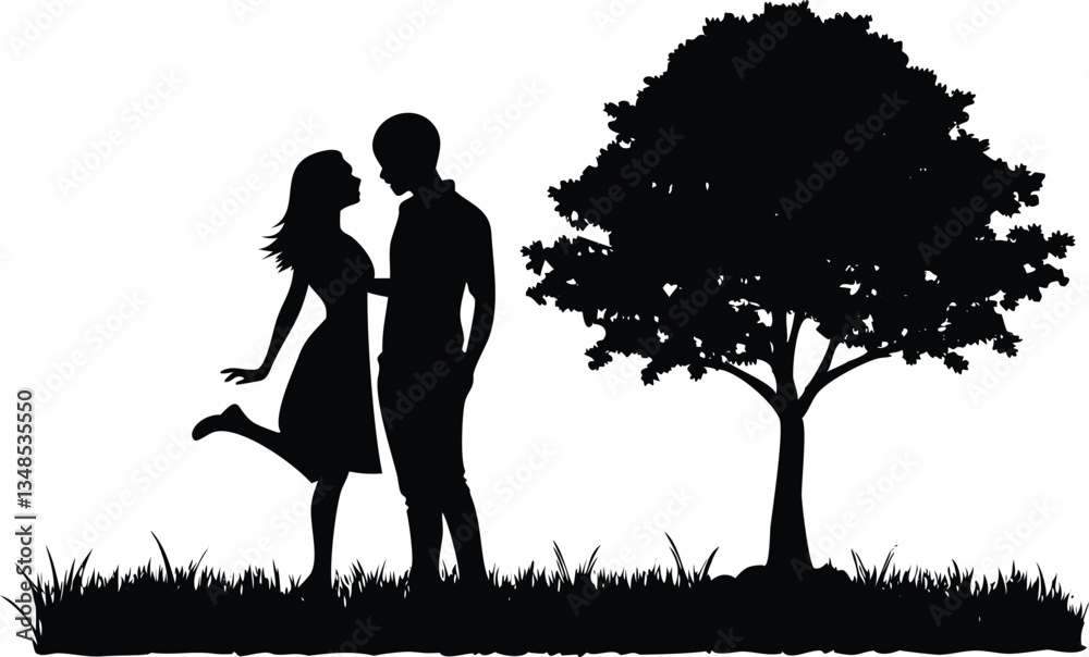 Silhouette of a Couple Standing Near a Tree; Girl Leaning on Man, Grass Below Silhouette of a Couple Standing Near a Tree; Girl Leaning on Man, Grass Below