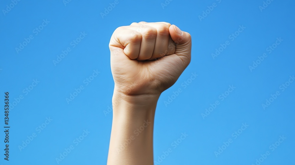 Raised Fist Against Blue Sky Expressing Power Strength and Determination Raised Fist Against Blue Sky Expressing Power Strength and Determination