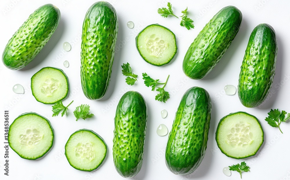 Fresh Green Cucumbers and Slices with Herbs on White Background for Healthy Cooking and Summer Salads, Vibrant Produce, Organic Freshness Fresh Green Cucumbers and Slices with Herbs on White Background for Healthy Cooking and Summer Salads, Vibrant Produce, Organic Freshness