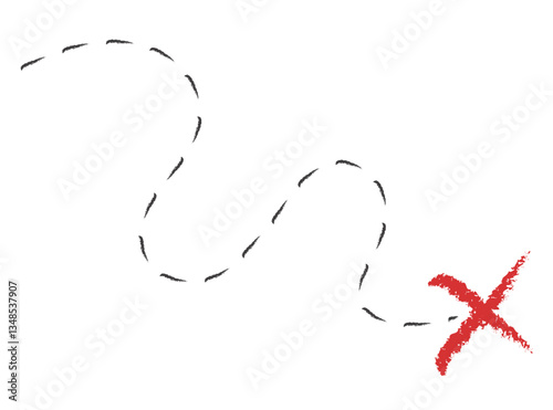 Treasure map element. A dashed line and red X mark ink on the map, the treasure map with a dotted line, an X marks the spot, and the dashed line to an X	
