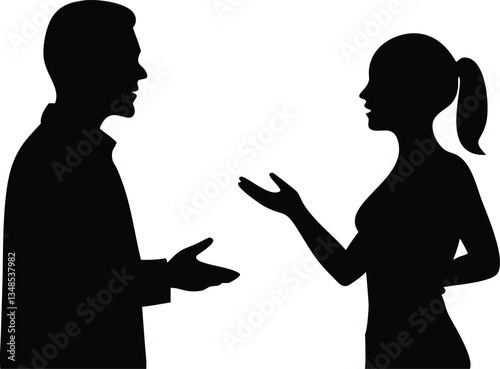 Silhouette of Man and Woman Talking, Gesturing with Hands, Interaction, Discussion